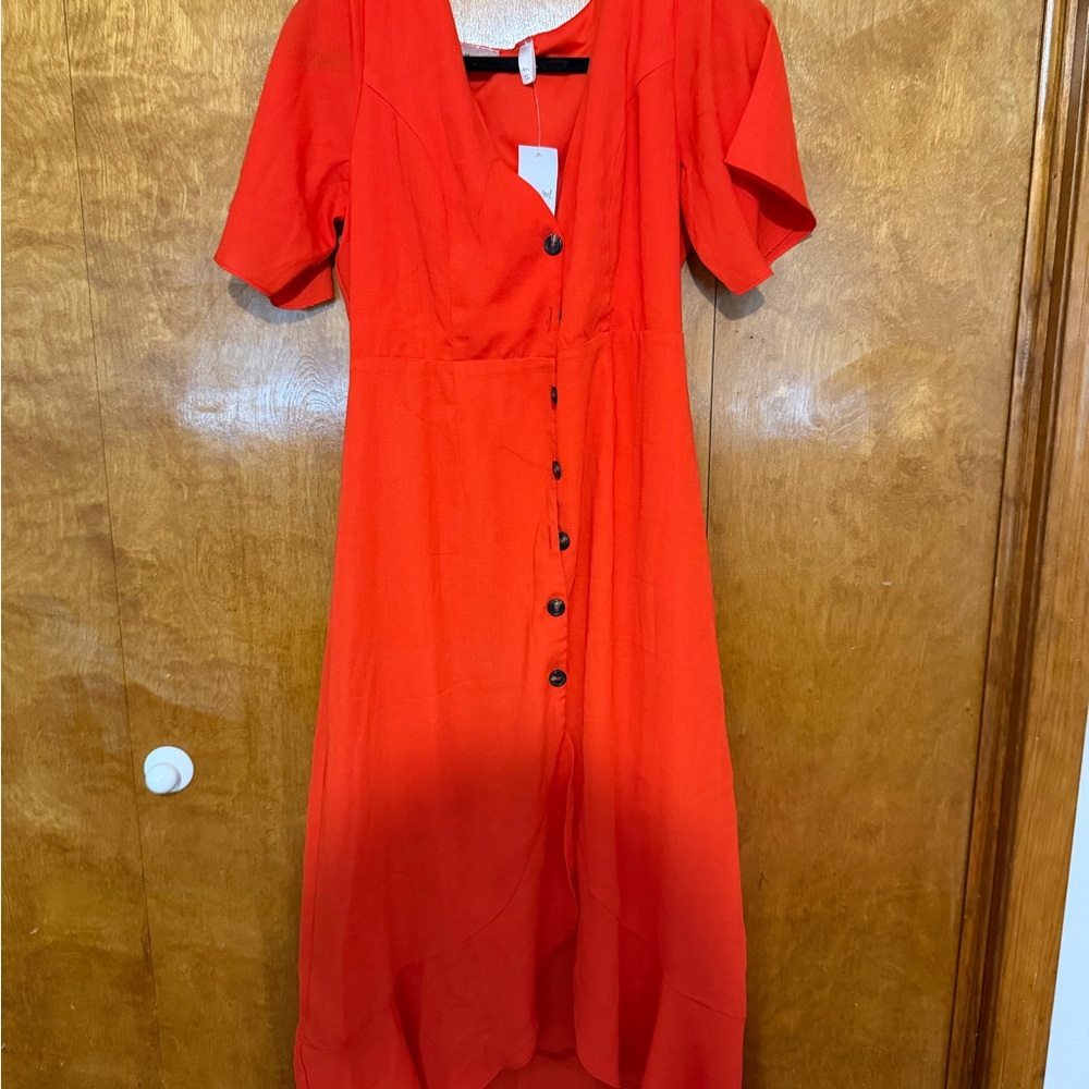 Women's orange Button-Front Midi Dress